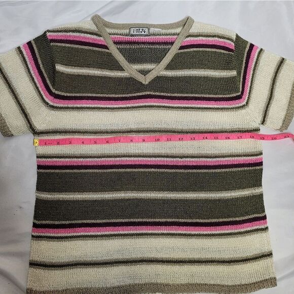 VINTAGE 90s knit v-neck striped short sleeve retro sweater M - Picture 5 of 6